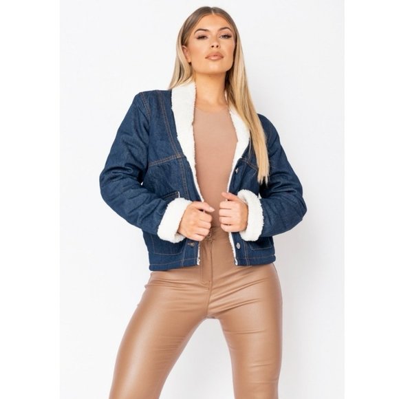 Blue Denim Jeans Long Sleeve Teddy Bear Fur Lined Biker Jacket - Picture 11 of 13